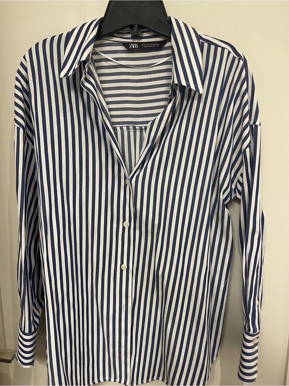 Zara Navy and White Vertical Stripe Button-Up Blouse